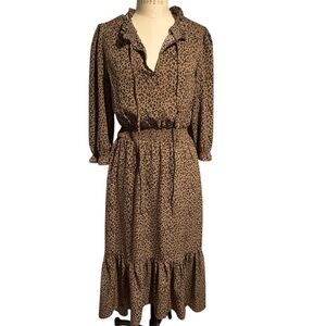 Hem & Thread Leopard Print Ruffle Midi Dress Smocked Waist Tie‎ Neck Size Small